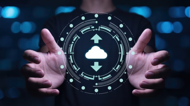 Human hands presenting a glowing digital interface with cloud data transfer symbols