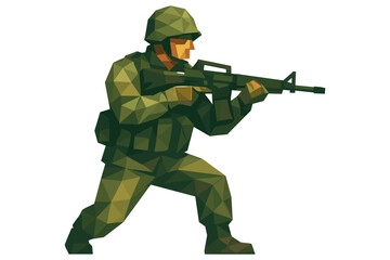 Fototapeta premium Low poly soldier in action pose with rifle on white background