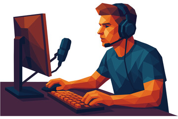 Low poly gamer streaming at desk with headset and microphone