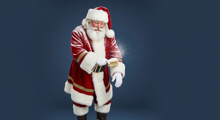 Jolly Santa Claus with a curious expression, observing a glowing digital device in his hands against a festive deep blue background, embodying holiday wonder and modern discovery