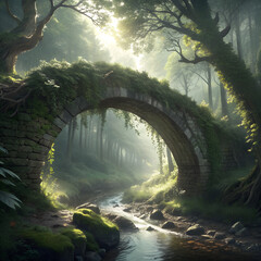 An ancient moss-covered stone bridge arches over a tranquil stream in a sunlit, enchanted forest.