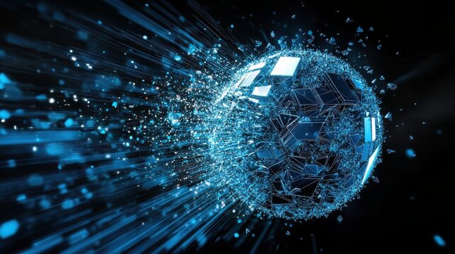 Abstract blue sphere exploding with light streaks on a dark background design