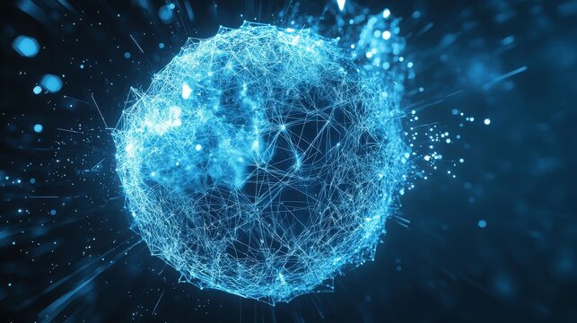 Abstract glowing sphere with network connections in a dark blue atmosphere