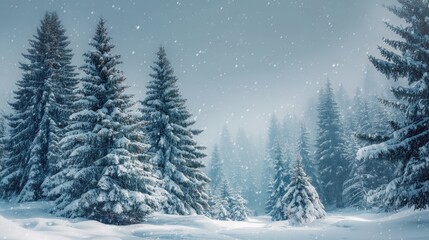 Naklejka premium A tranquil forest scene shows tall evergreen trees blanketed in snow. Flakes drift softly through the air creating a peaceful winter wonderland effect.