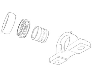 Monochrome engineering blueprint schematic of an exploded pedestal bearing assembly, a simple line art illustration UCP for technical education, maintenance repair, and CAD drawing visualization.