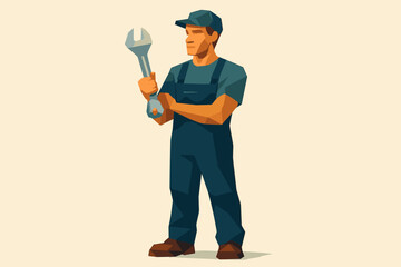 Polygon mechanic holding wrench in uniform: modern low poly art design