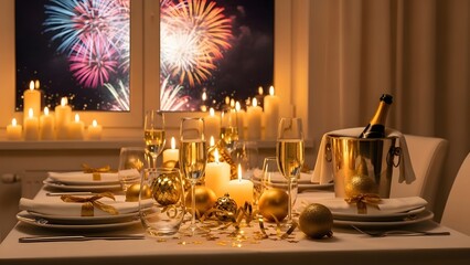 Elegant New Year's Eve dinner table with champagne, candles, and fireworks in the window.