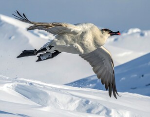 A sheathbill soars above the crisp white snow-covered peaks of Antarctica