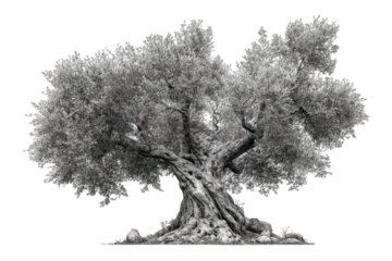A grayscale, gnarled olive tree, its branches spread, leaves abundant, isolated against black