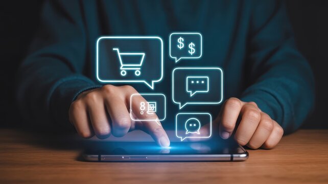 Person interacts with glowing digital icons representing commerce and communication features on a modern smartphone