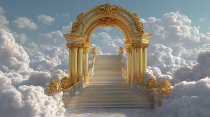 A golden archway leads to a staircase in a cloud-filled sky. The scene is serene and peaceful, with the clouds creating a sense of calmness and tranquility