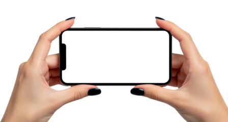Woman Hands with Dark Nails Holding Horizontal Gaming Smartphone with Blank Screen Mockup Template Isolated Photo, Transparent Background