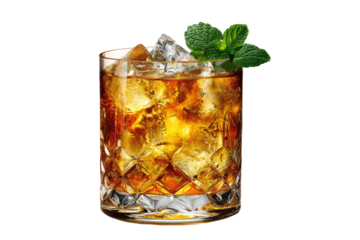 A golden-hued cocktail with ice cubes and a mint sprig in a faceted tumbler