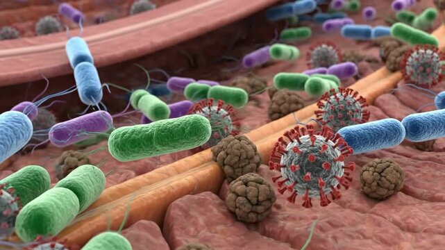 Detailed microscopic view of bacteria and viruses interacting on a biological surface