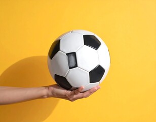 A soccer ball held in a person's hand against a bright yellow background