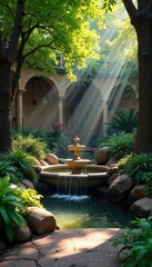 Serene Barcelona Fountain Sunlight Filtering Through Leaves Creates a Peaceful Urban Oasis, Ideal for Relaxation and Meditation