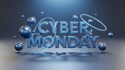 Cyber Monday promotional graphic with blue text and spheres on a reflective surface.