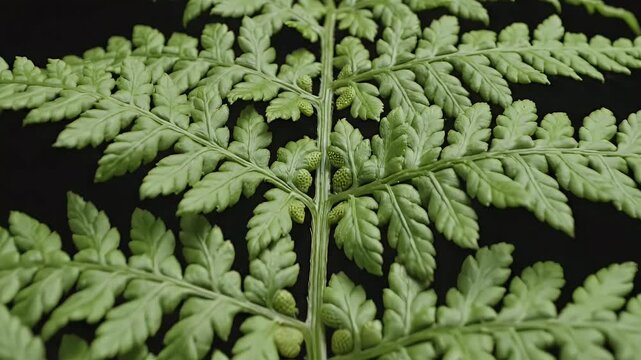 A single muted green fern frond isolated on a black background