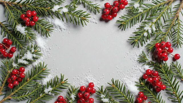 Christmas pine branches and red holly berries framed border overhead flatlay template transition background use
