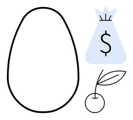 Egg symbol with money bag and cherry conceptually representing wealth, savings, investment, financial growth, success, agriculture, and strategic planning. Ideal for finance, agriculture branding