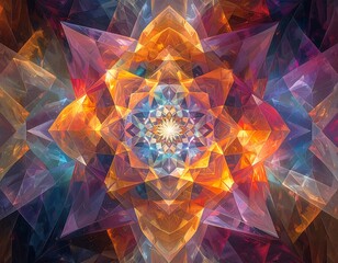 Vivid kaleidoscopic crystal formation with geometric patterns and bright colors