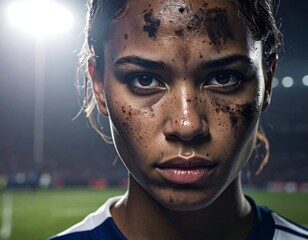 Close-up of a determined woman with dirt-streaked face. Intense gaze directed forward, under stadium lights, focus on her face