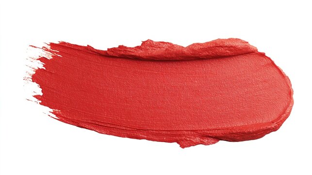 walgreens. Bright red lipstick texture smear, showcasing creamy cosmetic product detail on a clean white background. lifestyle magazines.
