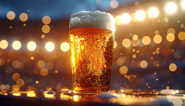 Golden Brew: A close-up shot of a refreshing pint of golden beer, brimming with a foamy head, set against a blurred background of shimmering lights, invoking a sense of celebration and relaxation.