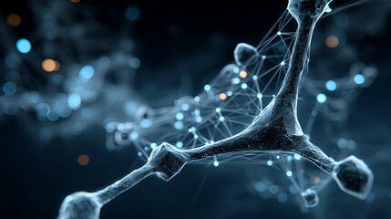 Sci-fi neural synapse network close-up: textured nerve cells, blue-orange glowing nodes, line-connected mesh structure, dark tech background. Suitable for neuroscience visualization, brain-computer in