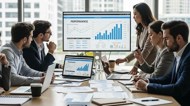 Business team analyzing financial data on large monitor during meeting in modern office - Powered by Adobe