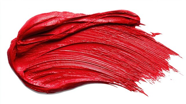 walgreens. Bright red lipstick texture smear, showcasing creamy cosmetic product detail on a clean white background. lifestyle magazines.