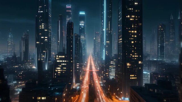 Futuristic city skyline at night with glowing skyscrapers and light trails on a busy highway, an advanced urban landscape showcasing modern architecture and vibrant energy