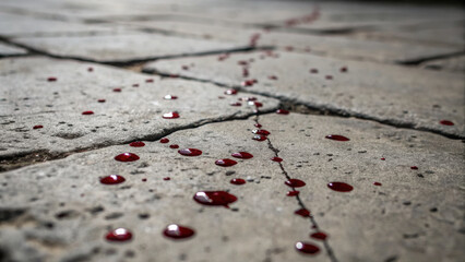 Blood droplets trail on cracked concrete after accident damage investigation evokes tension
