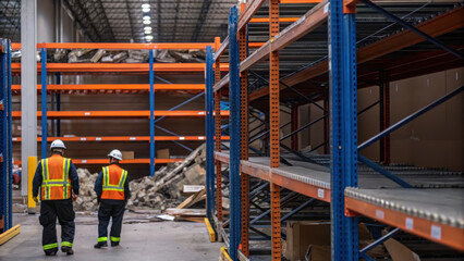 Warehouse accident damage investigation team walking through collapsed pallet racking inspecting debris and structure