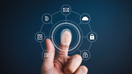 Fototapeta premium Human finger touches digital interface centered on biometric identification for system access