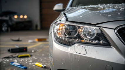 Serious investigation of car damage after an auto accident. Close up on silver vehicle headlight with broken glass