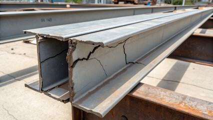 Cracked steel beam accident damage investigation visible fracture on structural I beam outdoors in yard