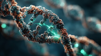 Sci-fi DNA double helix close-up: brown-gray textured chain, neon cyan electric glowing nodes, dark tech background. Ideal for gene editing presentations, biotech visualization, sci-fi medical design,
