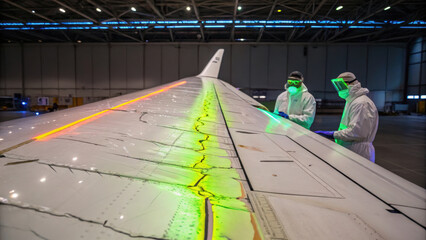 Aircraft wing crack inspection showing fluorescent dye revealing damage accident investigation under repair lights