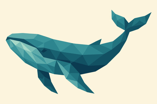 Polygonal blue whale art on a light background with geometric shapes