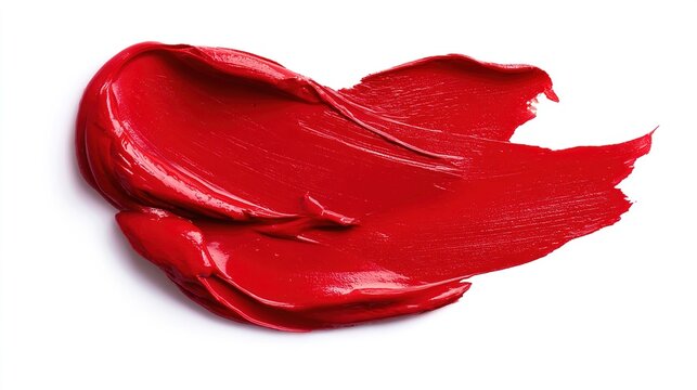walgreens. Bright red lipstick texture smear, showcasing creamy cosmetic product detail on a clean white background. lifestyle magazines.