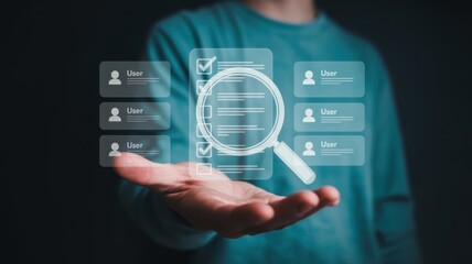 Person holding holographic interface displaying user list review and verification process