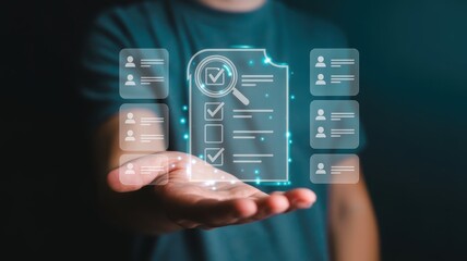 Human hand presenting holographic interface displaying candidate review and selection process