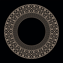 Oriental gold round frame with arabesques and floral motifs. Ethnic decorative element. Islam, Arabic, Indian, ottoman, egyptian, assyrian motifs. Vintage, ethnic frame for textiles, embroidery, plate