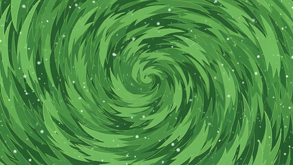 Abstract green swirling leaf pattern with white particles creating a dynamic vortex effect.