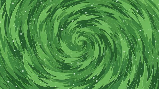 Abstract green swirling leaf pattern with white particles creating a dynamic vortex effect.