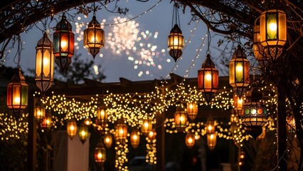 Ornate hanging lanterns and string lights illuminate a festive night with fireworks in the background.