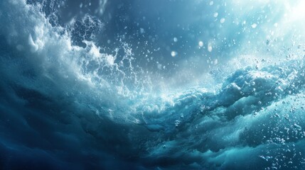 Fototapeta premium A large wave crashing into the ocean, with water spraying up into the air. The scene is dynamic and powerful, with the water droplets creating a sense of movement and energy