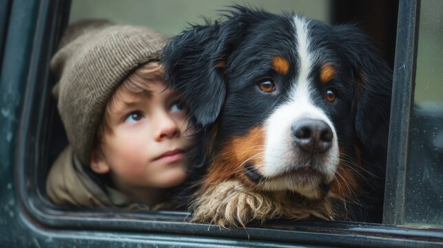 A young child is peering out of a car window affectionately gazing at a large dog beside him. The dog appears calm and friendly in the peaceful atmosphere of nature on a cloudy day.