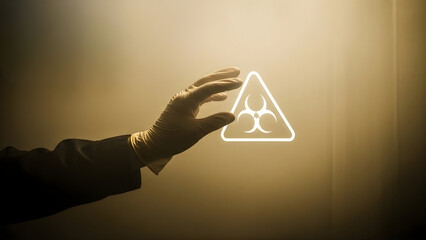 Gloved hand reaching for biohazard symbol